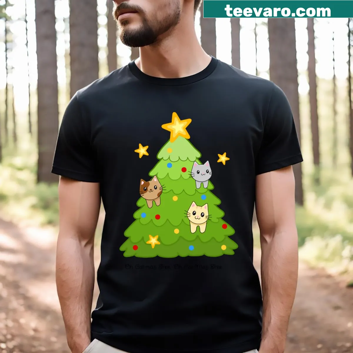 Catmas tree t-shirt featuring a whimsical cat-themed Christmas design — on a men's t-shirt