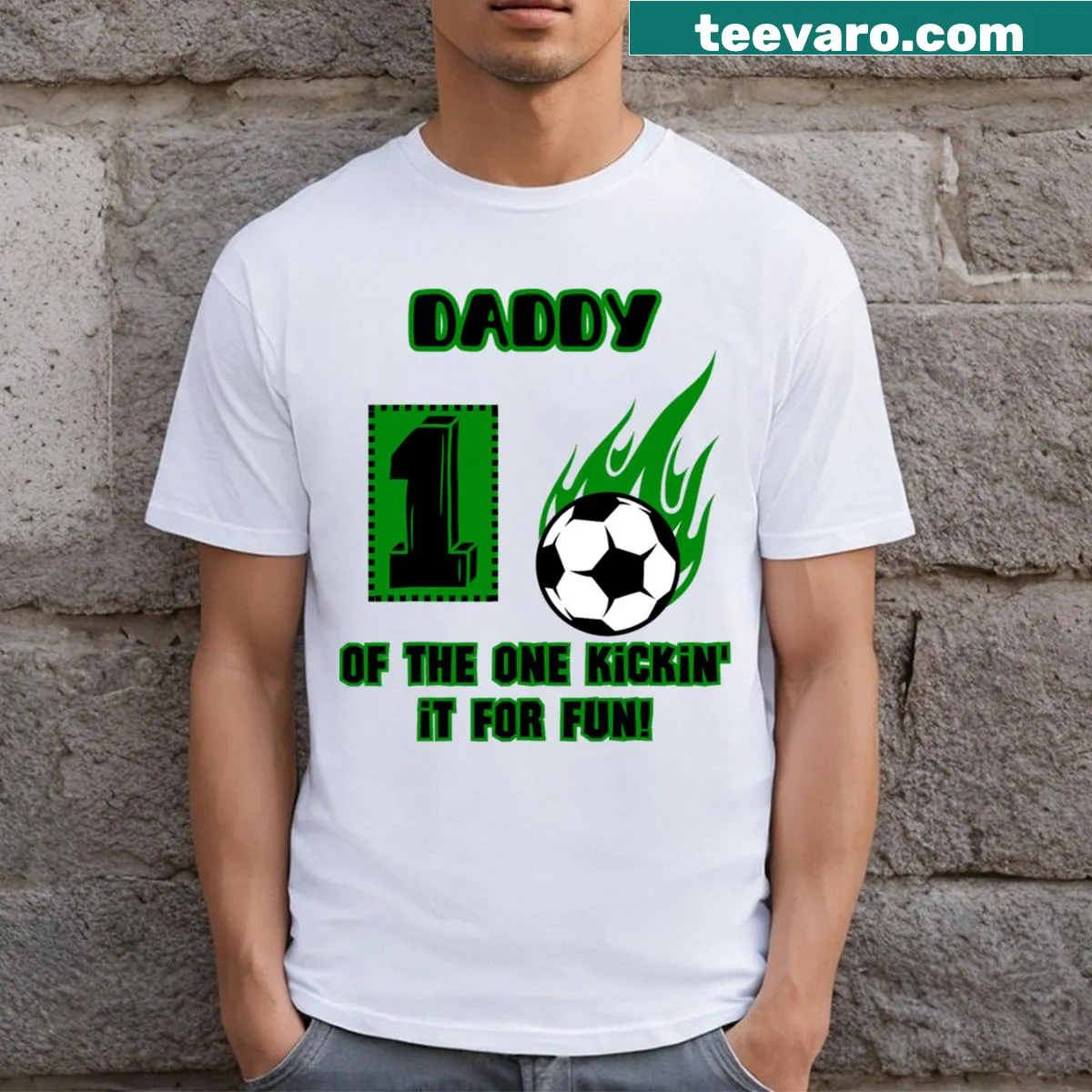Funny soccer-themed first birthday t-shirt for dads. — on a men's t-shirt