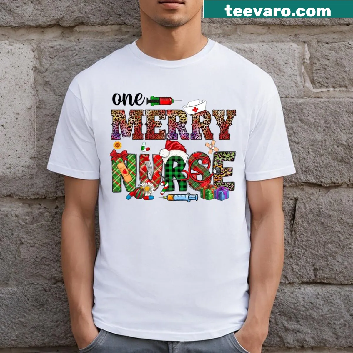 Festive Christmas t-shirt for nurses with a heartwarming message — on a men's t-shirt