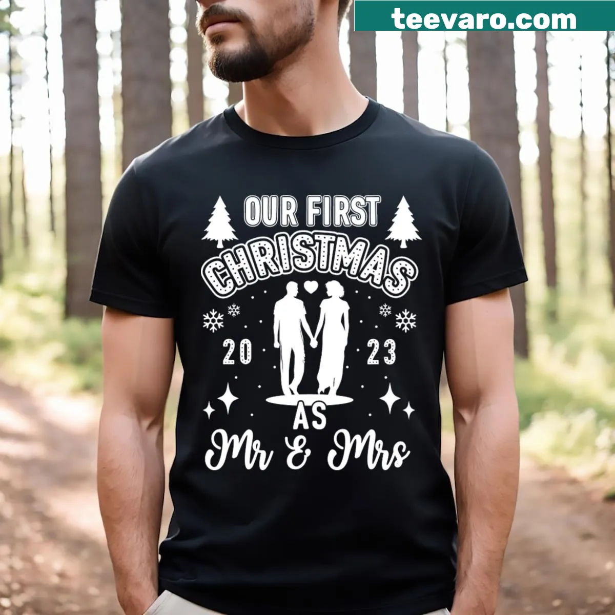 Couple's first Christmas Mr and Mrs T-shirt design — on a men's t-shirt