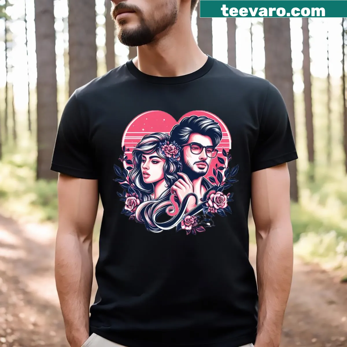 Couple love T-shirt with moon graphic and romantic text — on a men's t-shirt