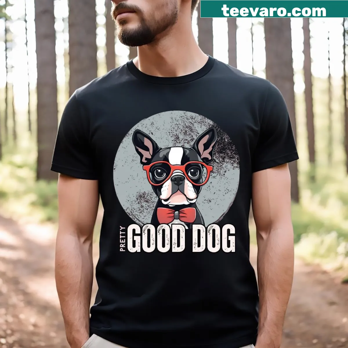 Boston Terrier-themed T-shirt with a cute dog illustration — on a men's t-shirt