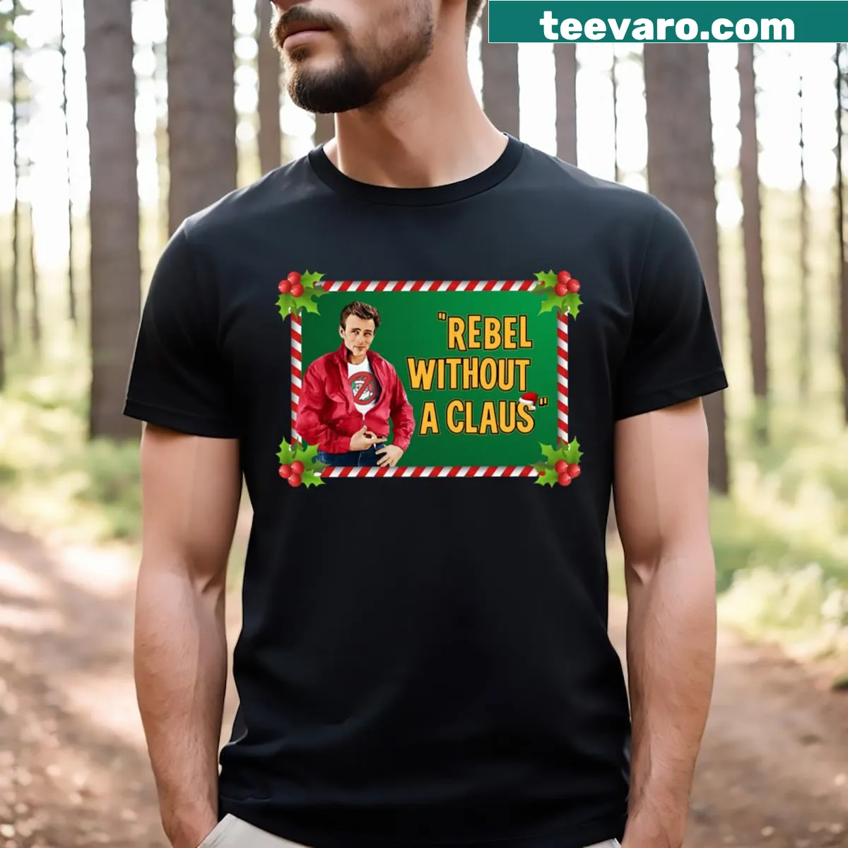 Playful text design reading 'Rebel Without A Claus' for the holiday season. — on a men's t-shirt