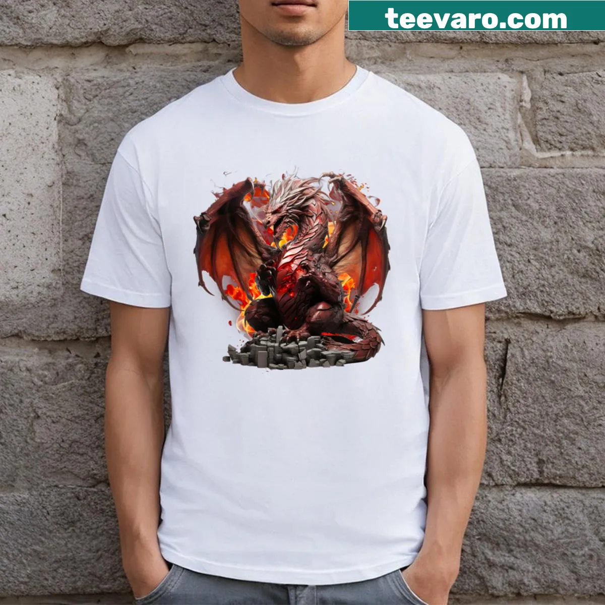 Illustrated red dragon graphic t-shirt showcasing fantasy art — on a men's t-shirt