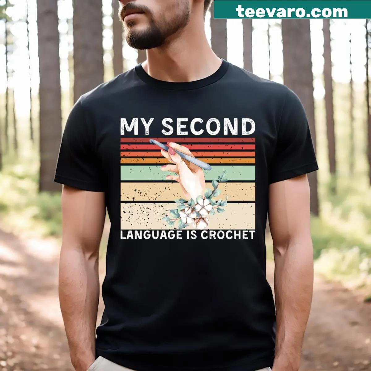 Funny crochet themed t-shirt with retro typography for crochet lovers — on a men's t-shirt