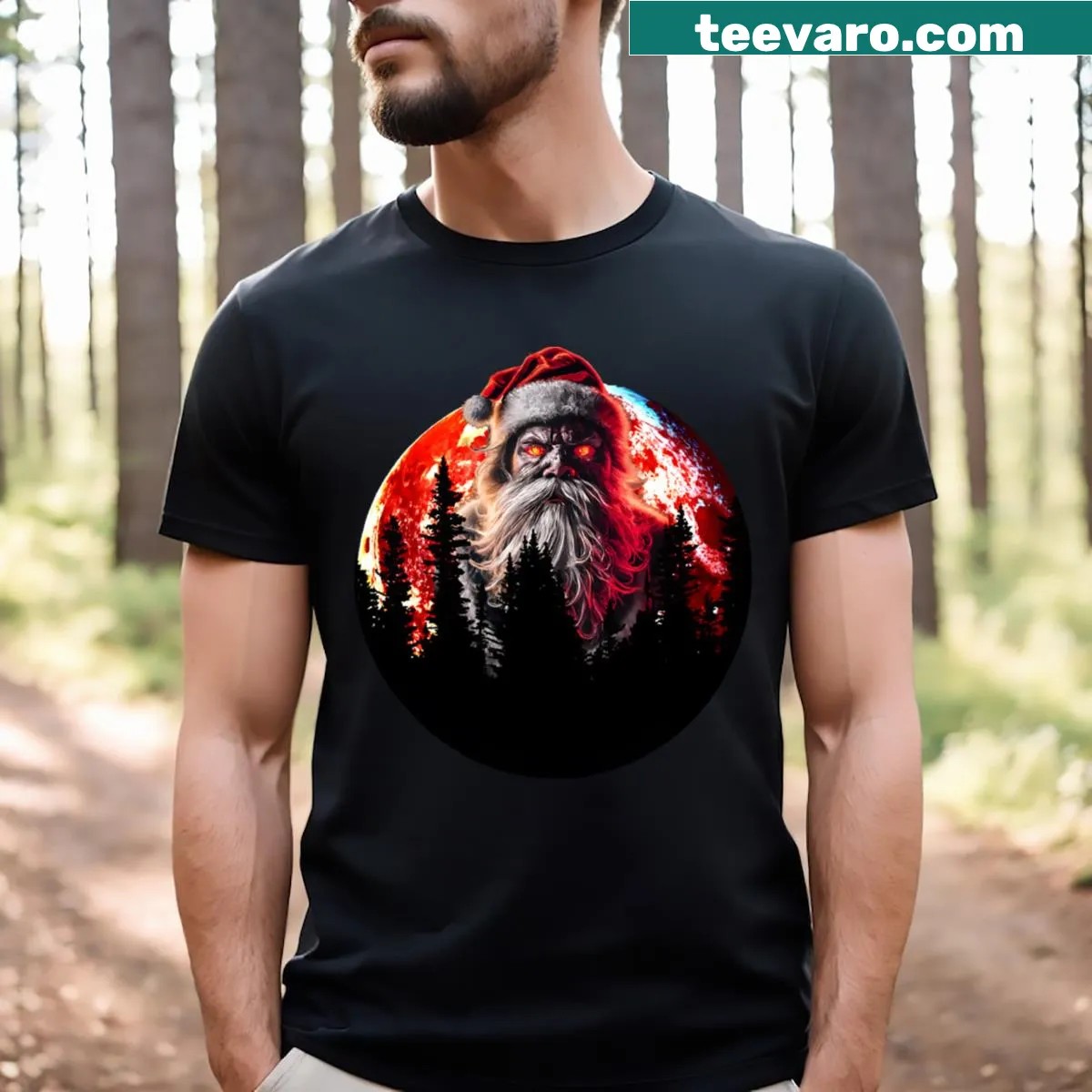Edgy Christmas shirt featuring Satan and a red moon — on a men's t-shirt