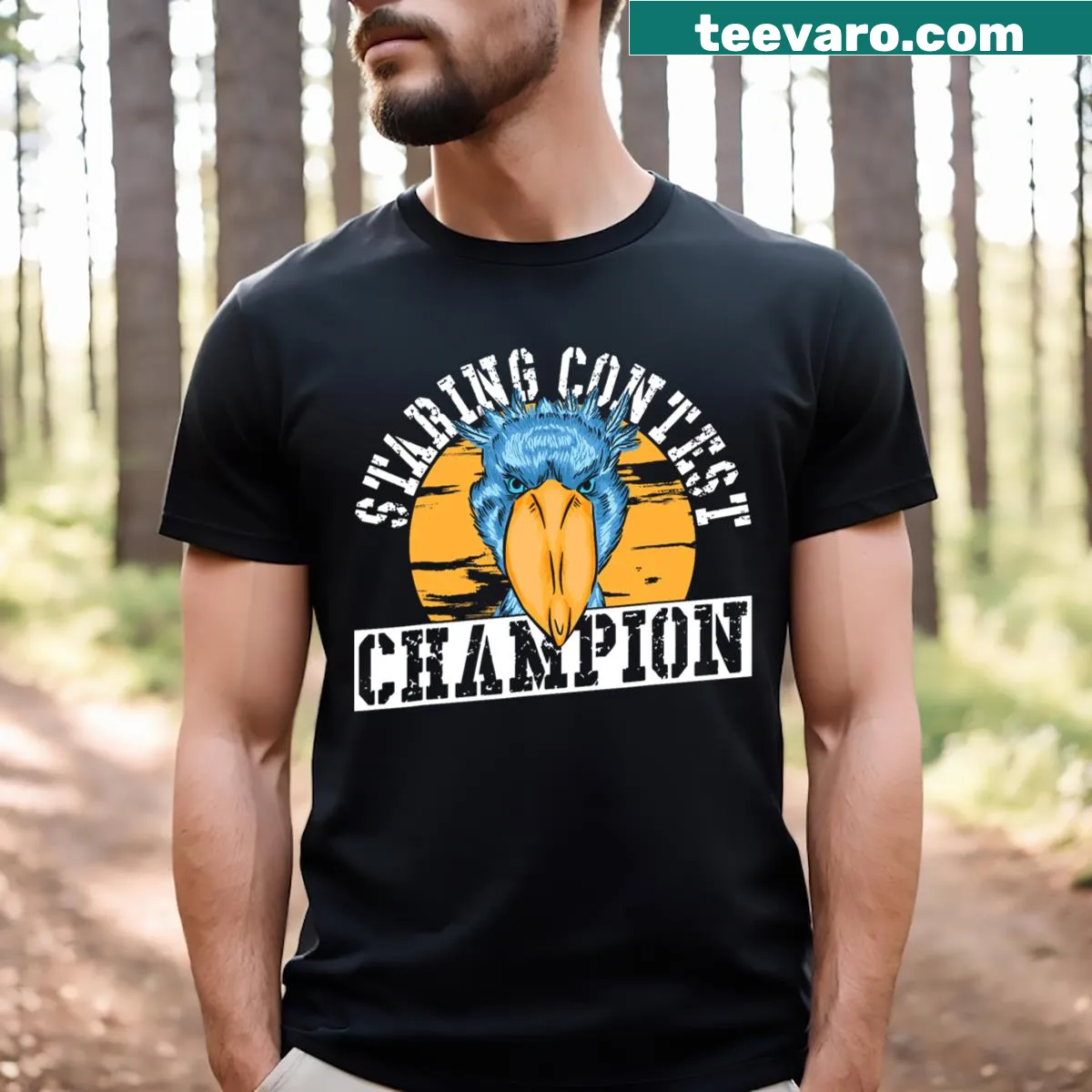 Illustrated shoebill bird design on a t-shirt — on a men's t-shirt