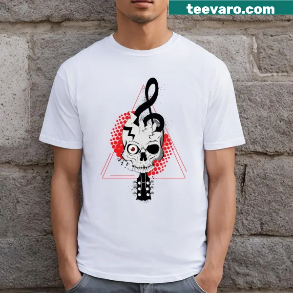 Graphic of a skull surrounded by musical elements on a T-shirt