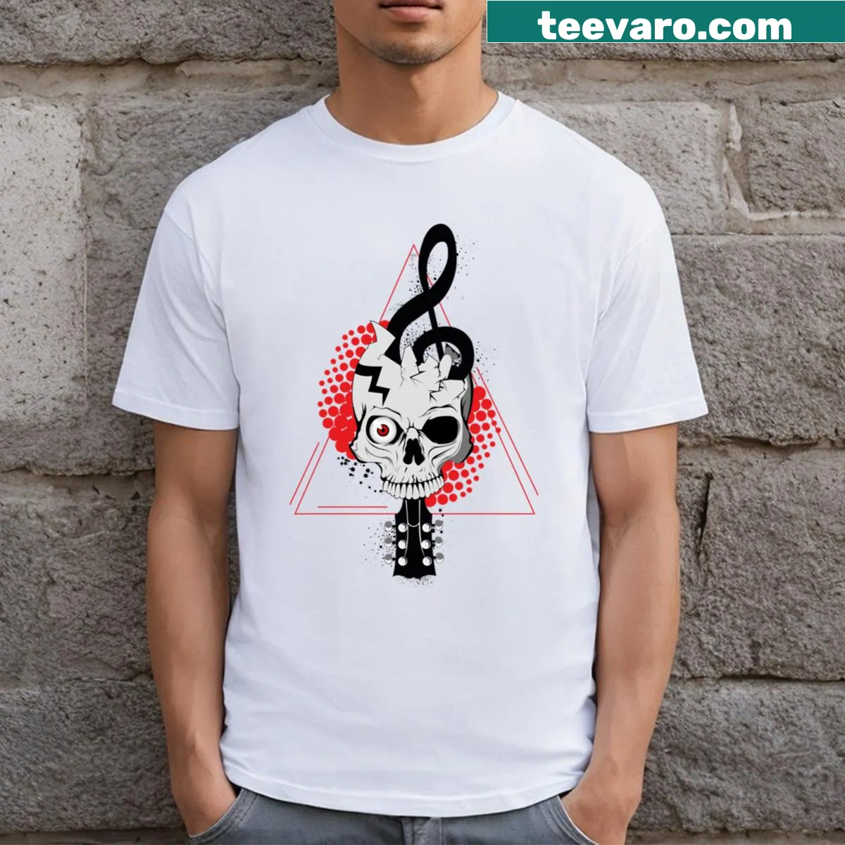 Graphic of a skull surrounded by musical elements on a T-shirt — on a men's t-shirt