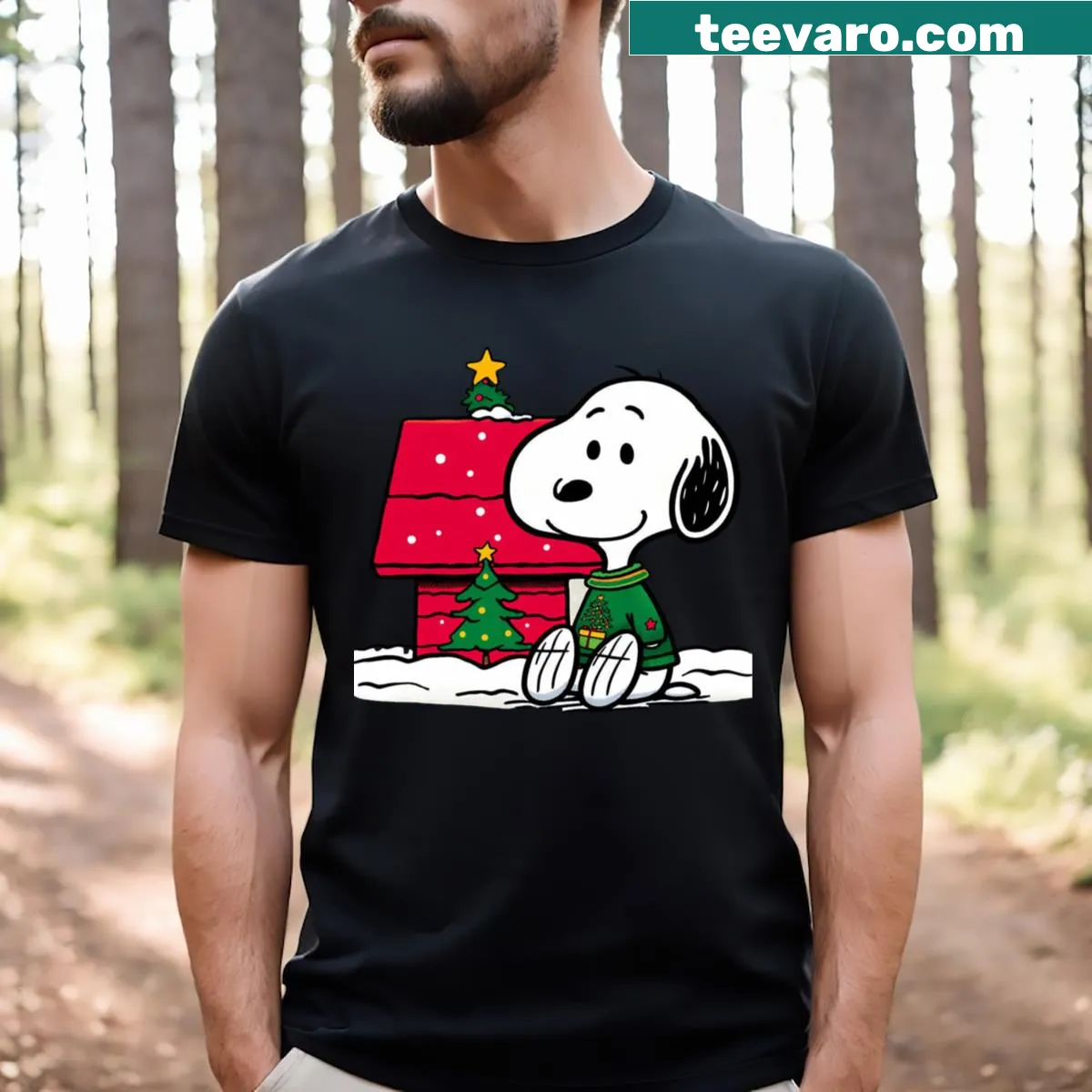Snoopy in a festive illustration on a Christmas t-shirt — on a men's t-shirt