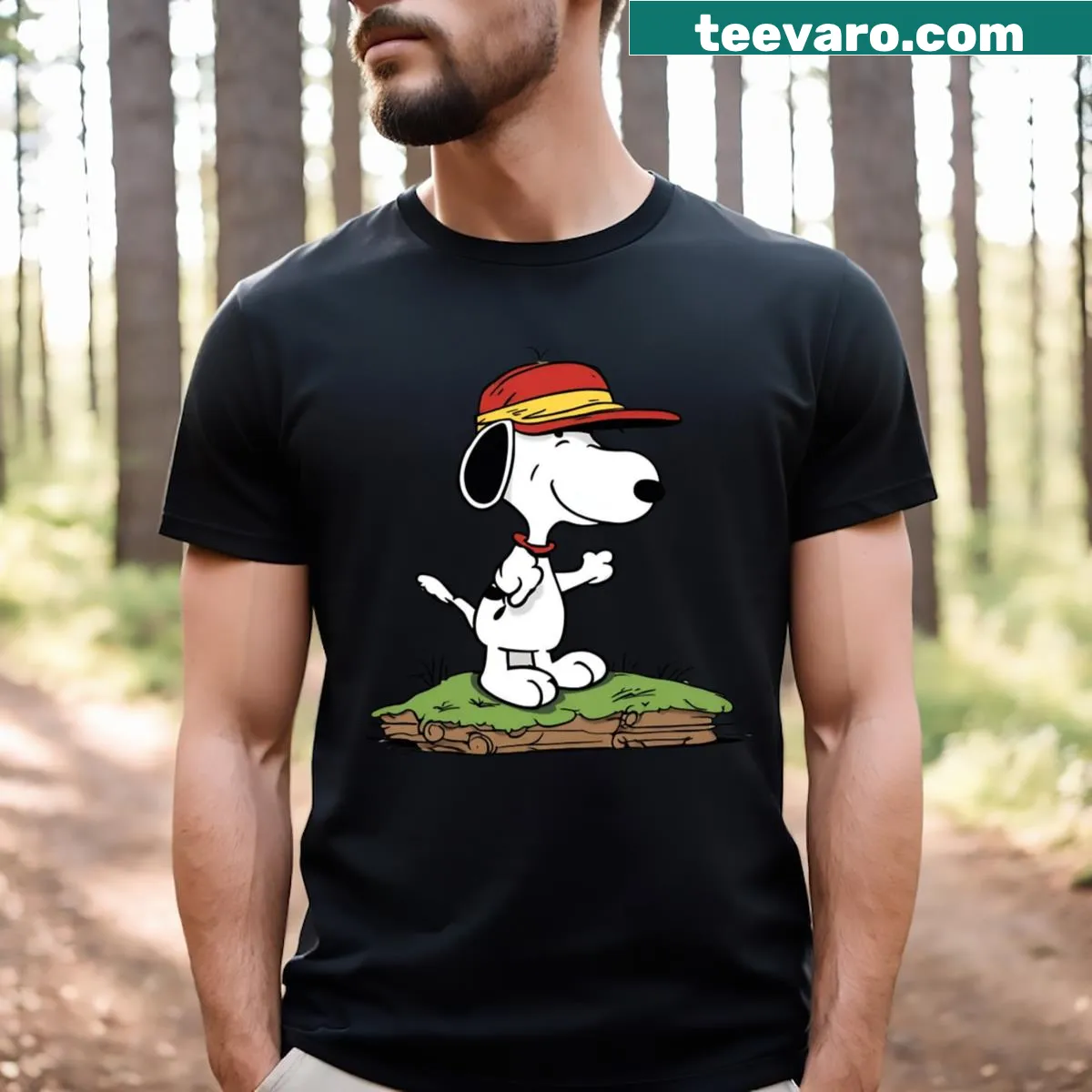 Illustrated Snoopy in various playful scenarios on a kids' T-shirt — on a men's t-shirt