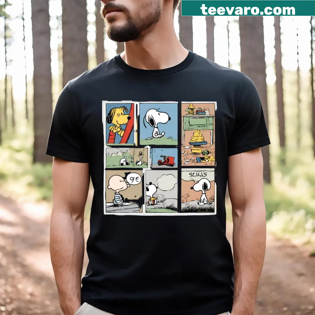 Cartoon graphic of Snoopy on an adventure T-shirt — on a men's t-shirt