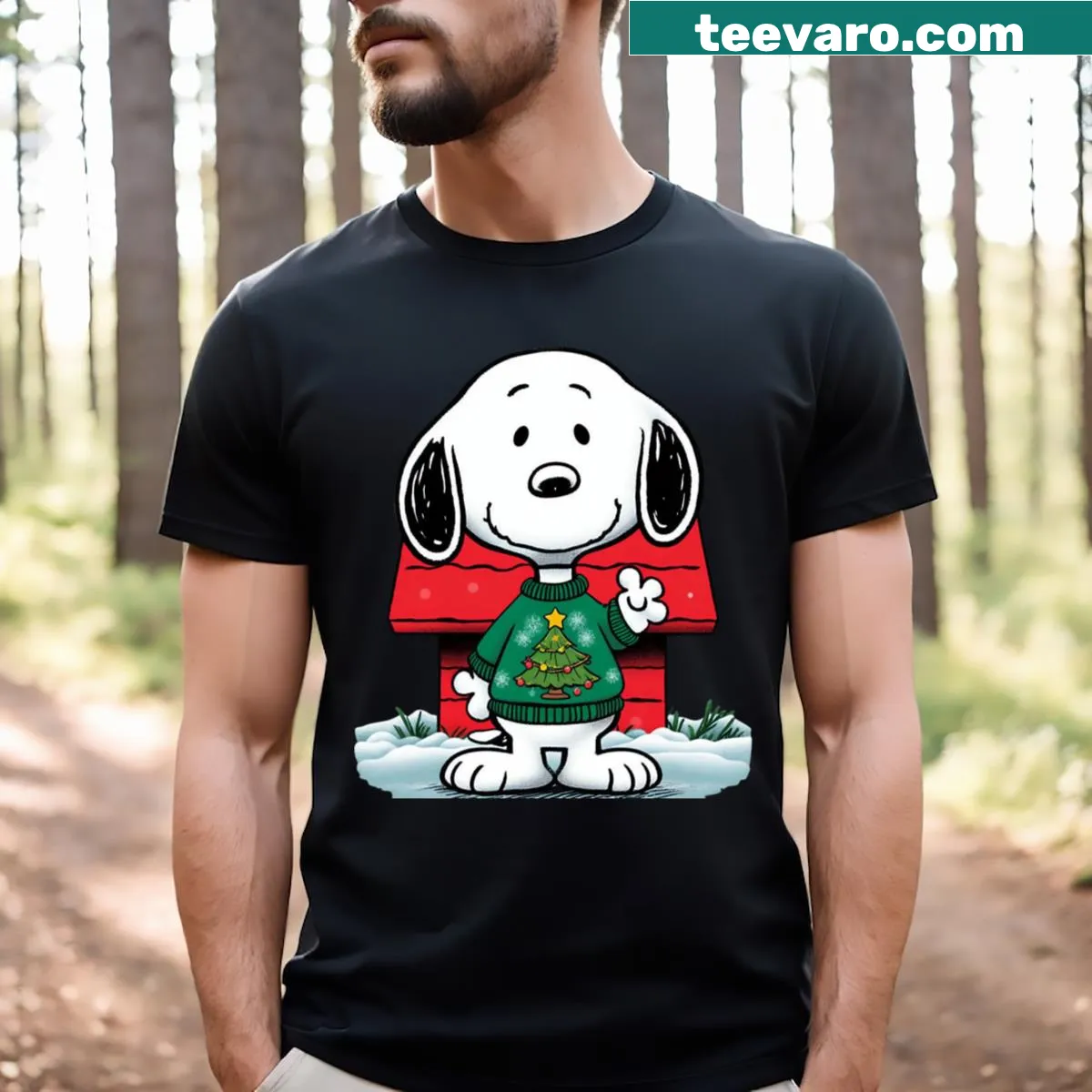 Cheerful holiday-themed Snoopy graphic T-shirt — on a men's t-shirt