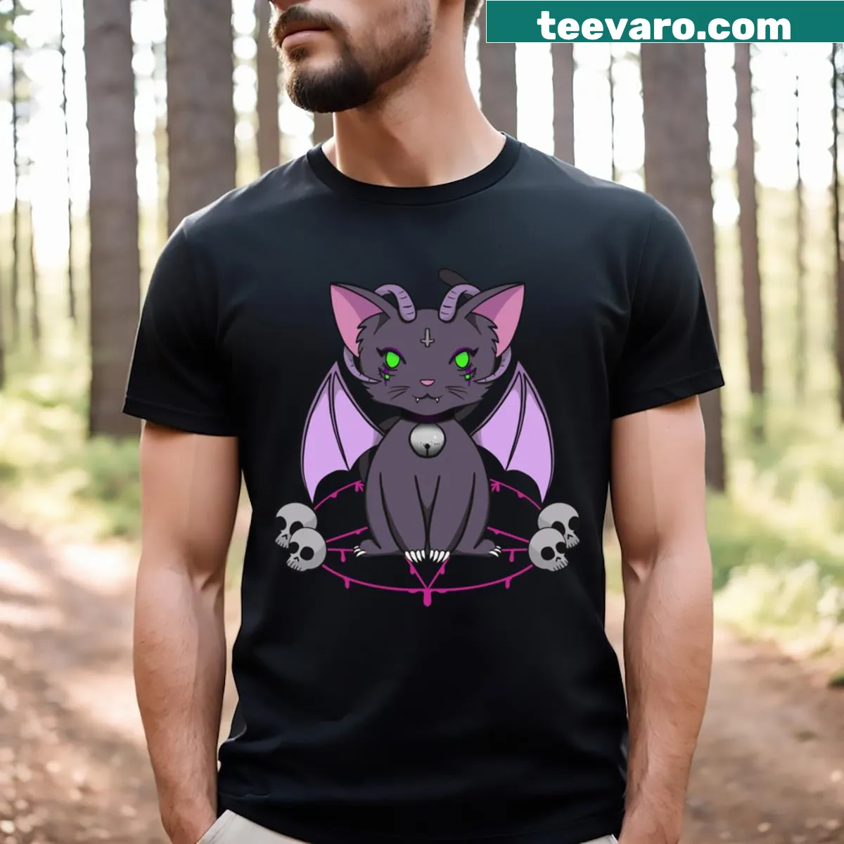 Kawaii cat demon graphic T-shirt with whimsical design — on a men's t-shirt