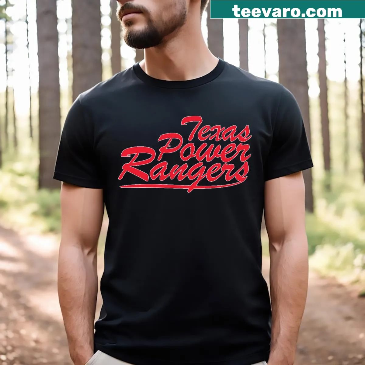 Texas-themed Power Rangers graphic T-shirt — on a men's t-shirt