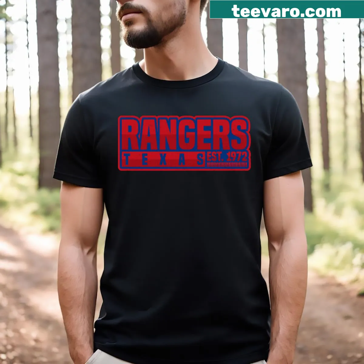 Texas Rangers emblem graphic T-shirt — on a men's t-shirt