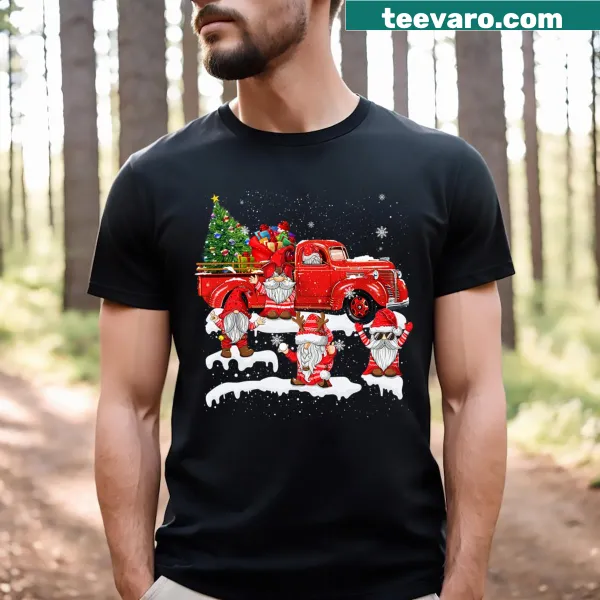 Illustration of three gnomes in a red truck with Christmas lights