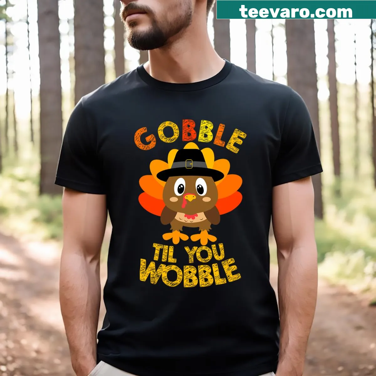 Thanksgiving toddler t-shirt with 'Gobble Till You Wobble' text — on a men's t-shirt
