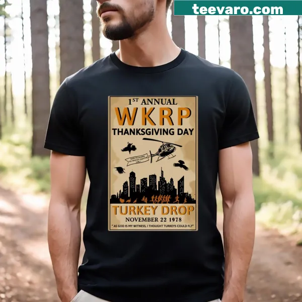 Funny WKRP Turkey Drop t-shirt with a humorous illustration