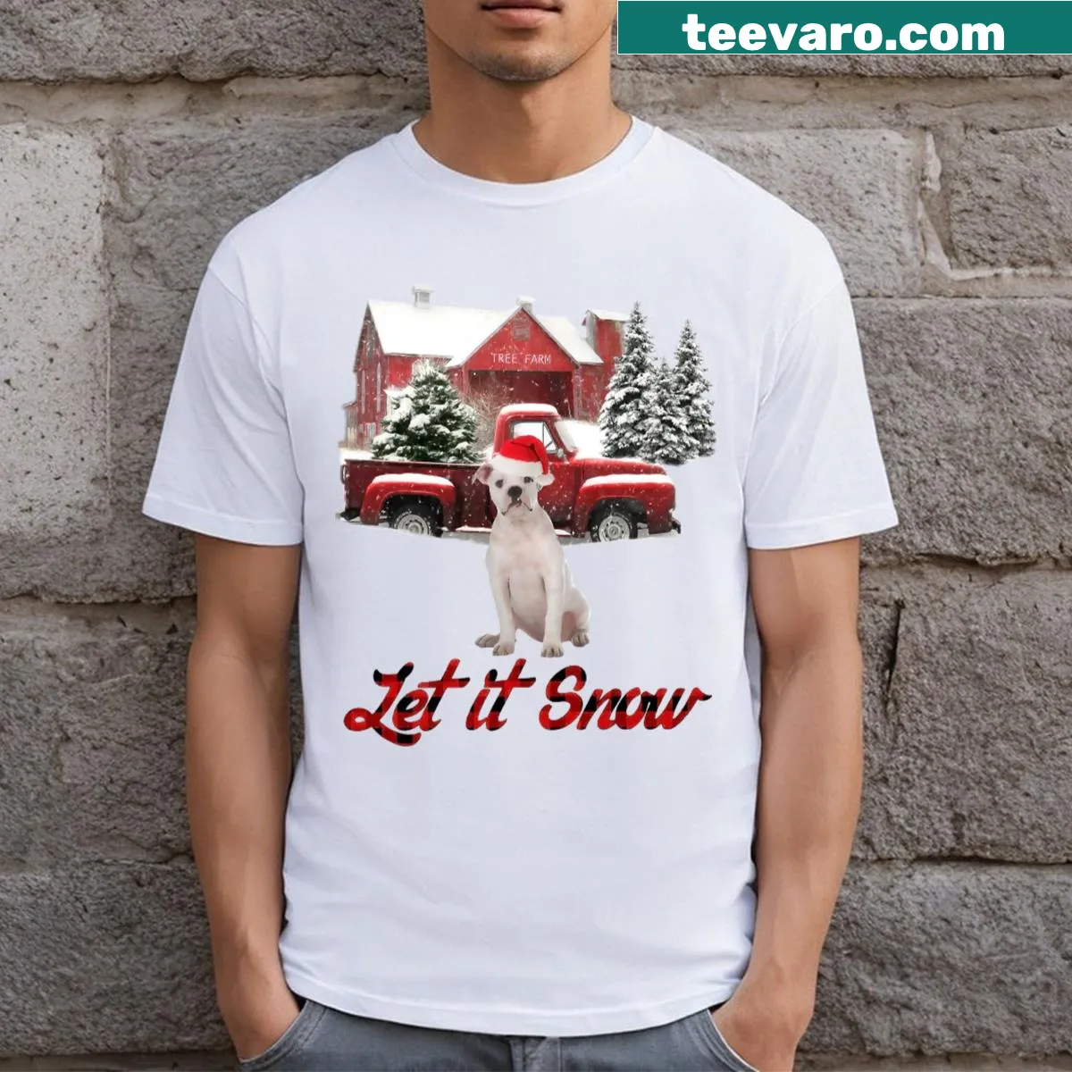 Christmas t-shirt featuring an American Bulldog and red truck — on a men's t-shirt