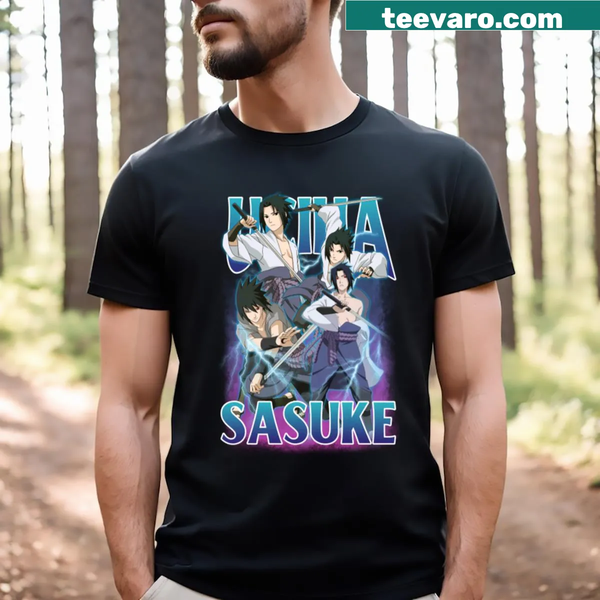 Vintage t-shirt featuring Uchiha Sasuke from anime — on a men's t-shirt