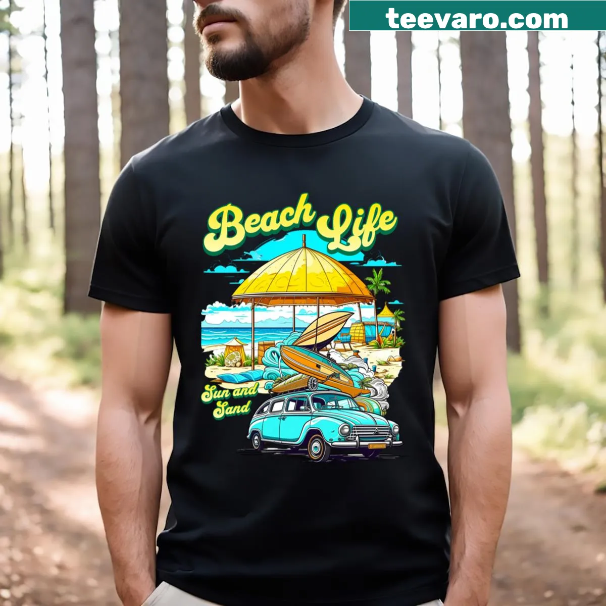 Beach-themed t-shirt with palm trees and ocean waves illustration — on a men's t-shirt