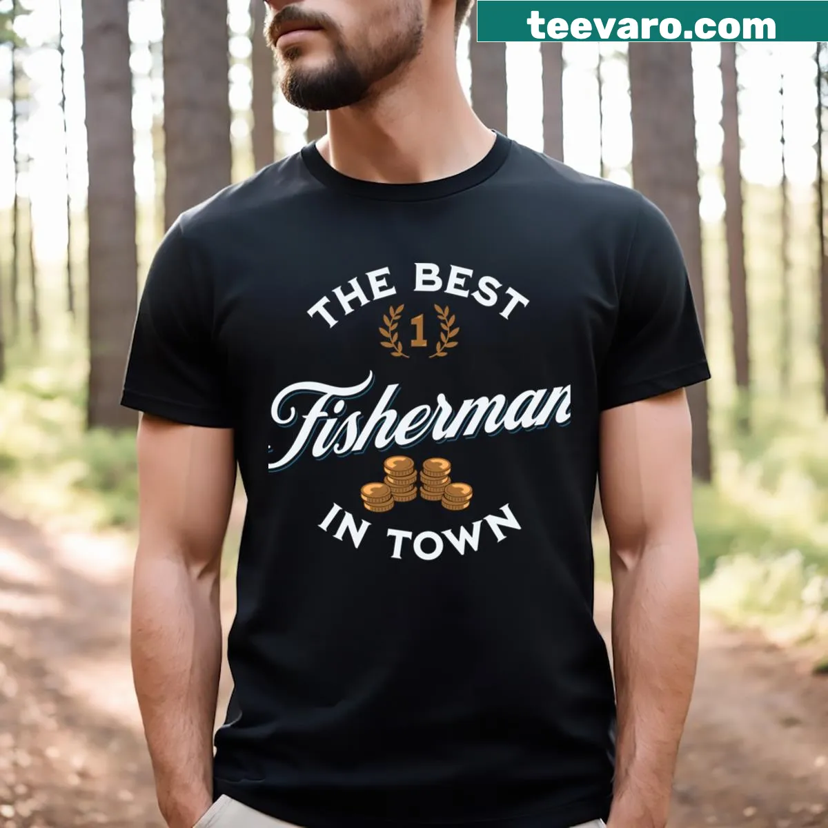 Fishing-themed t-shirt with fishing gear and aquatic life illustration — on a men's t-shirt