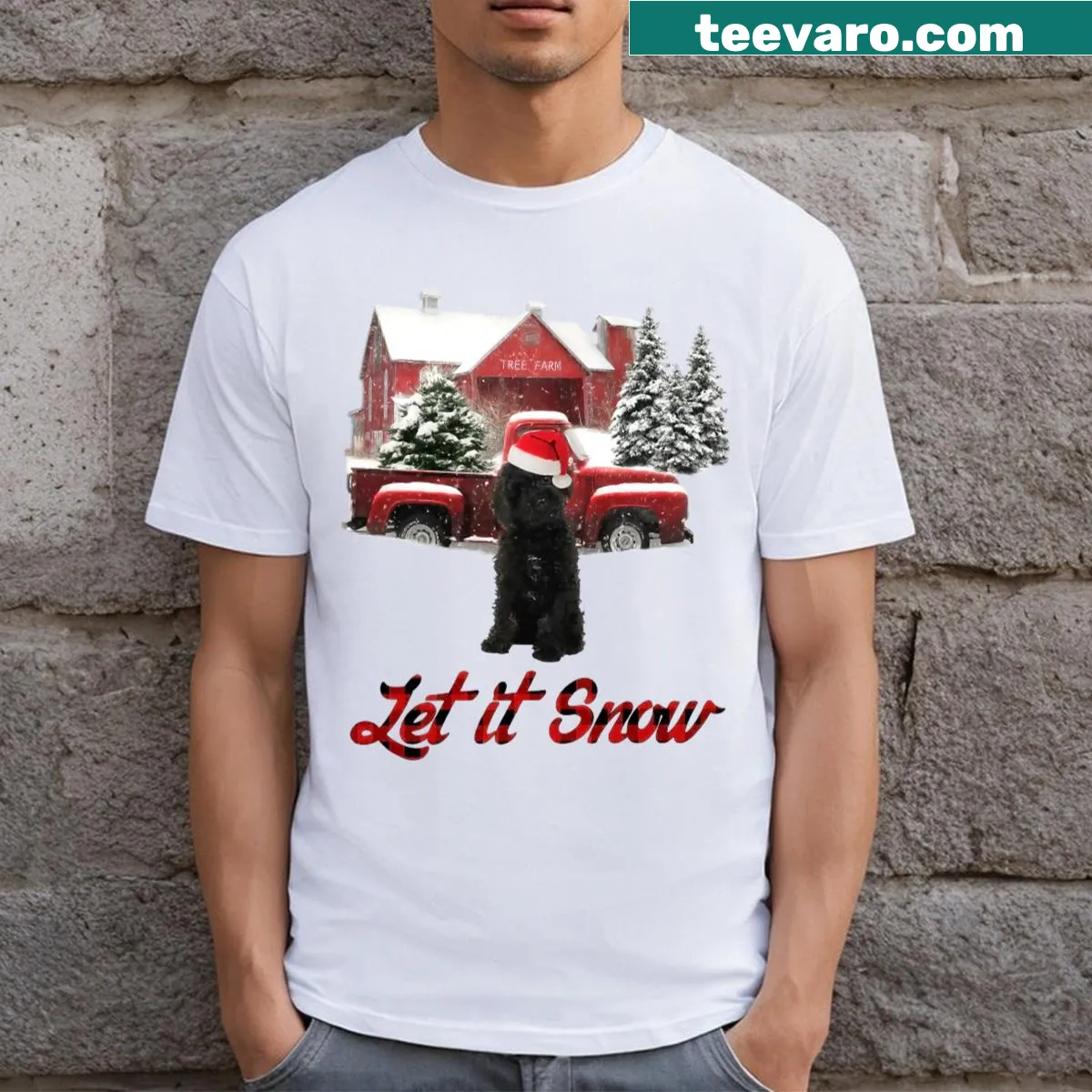 Vintage red truck Christmas t-shirt with black Labradoodle and snow design — on a men's t-shirt