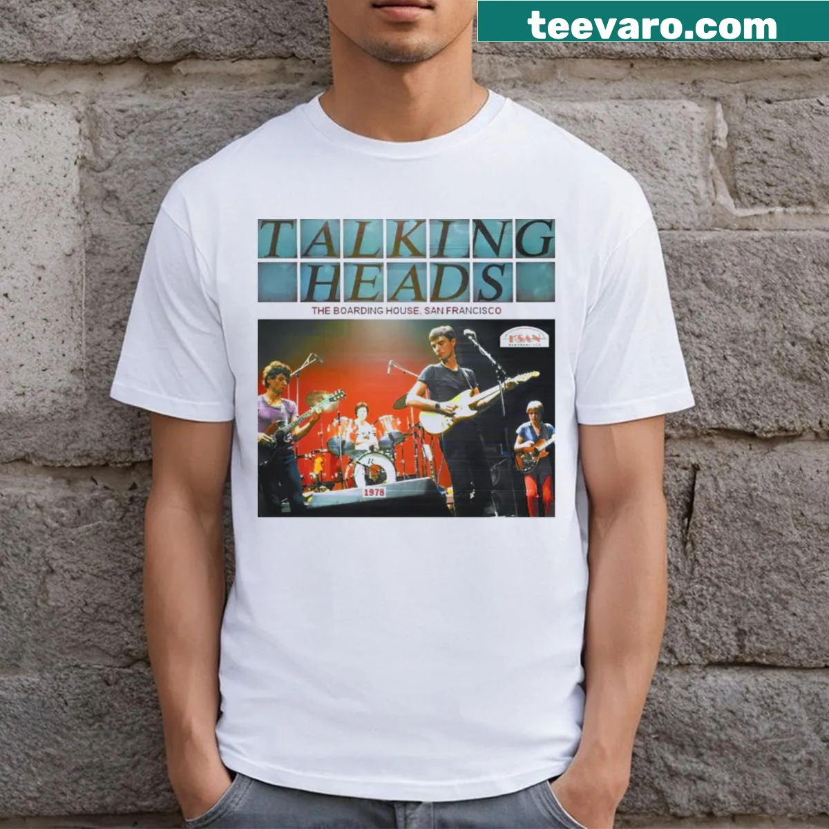 Illustration of a San Francisco boarding house on a tee — on a men's t-shirt