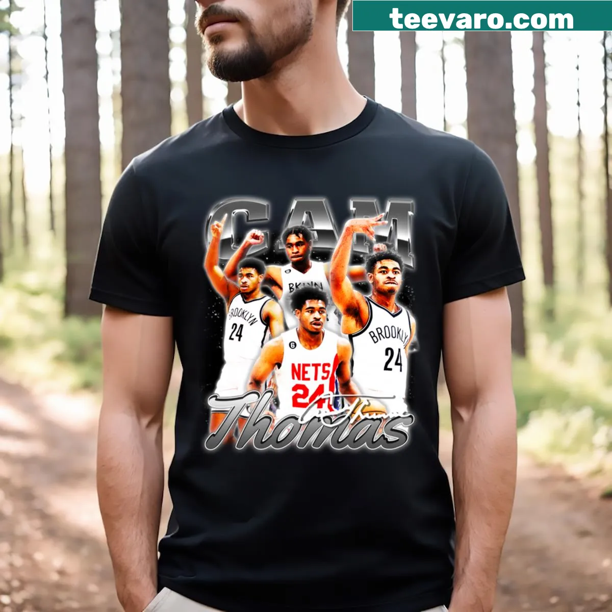Retro design featuring basketball player Cam Thomas on a tee — on a men's t-shirt