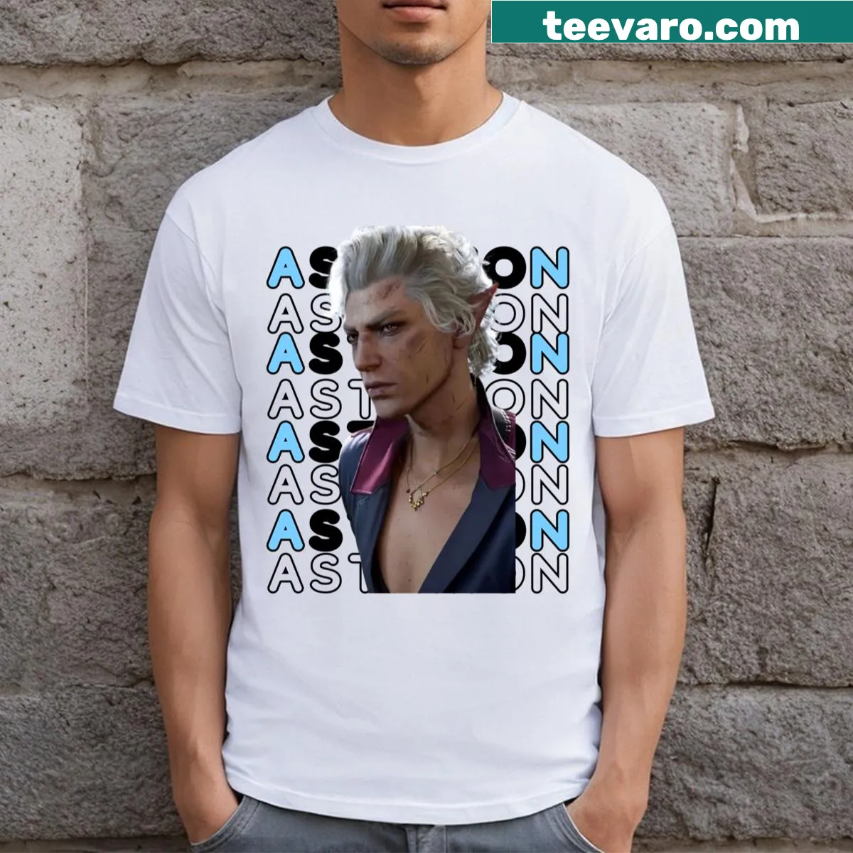 Illustration of Astarion the high elf on a fantasy-themed tee — on a men's t-shirt