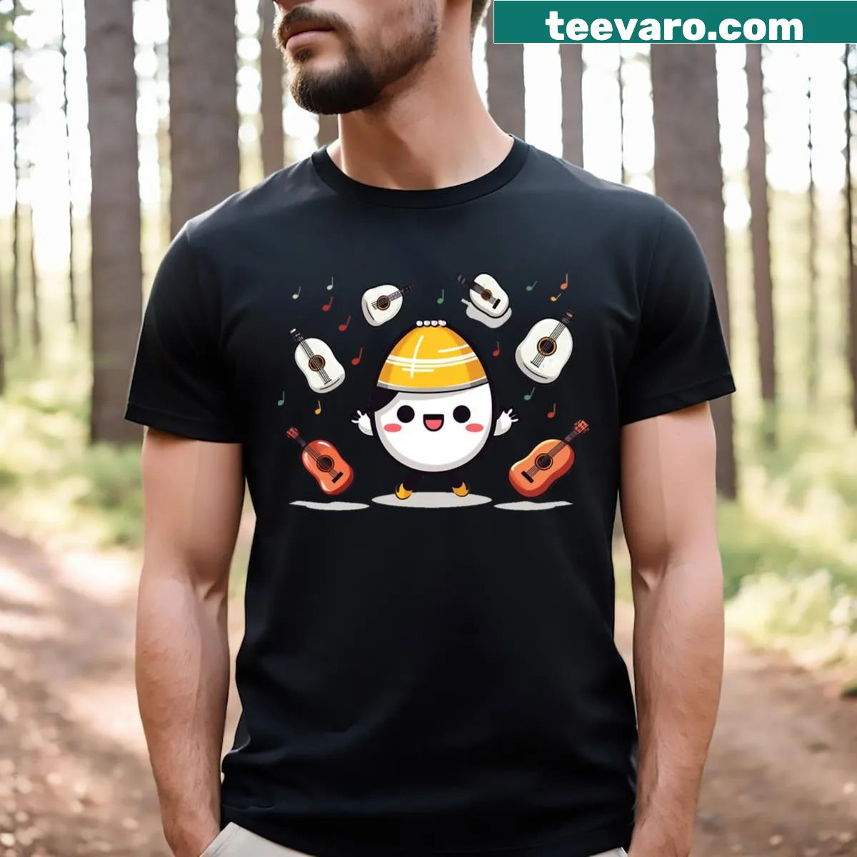 Playful mascot surrounded by guitars on a musician's t-shirt — on a men's t-shirt