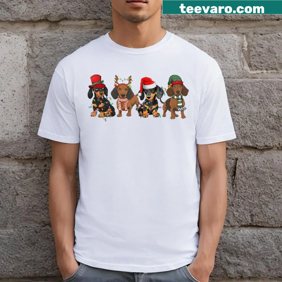 Dachshund dogs in Christmas lights graphic T-shirt — on a men's t-shirt