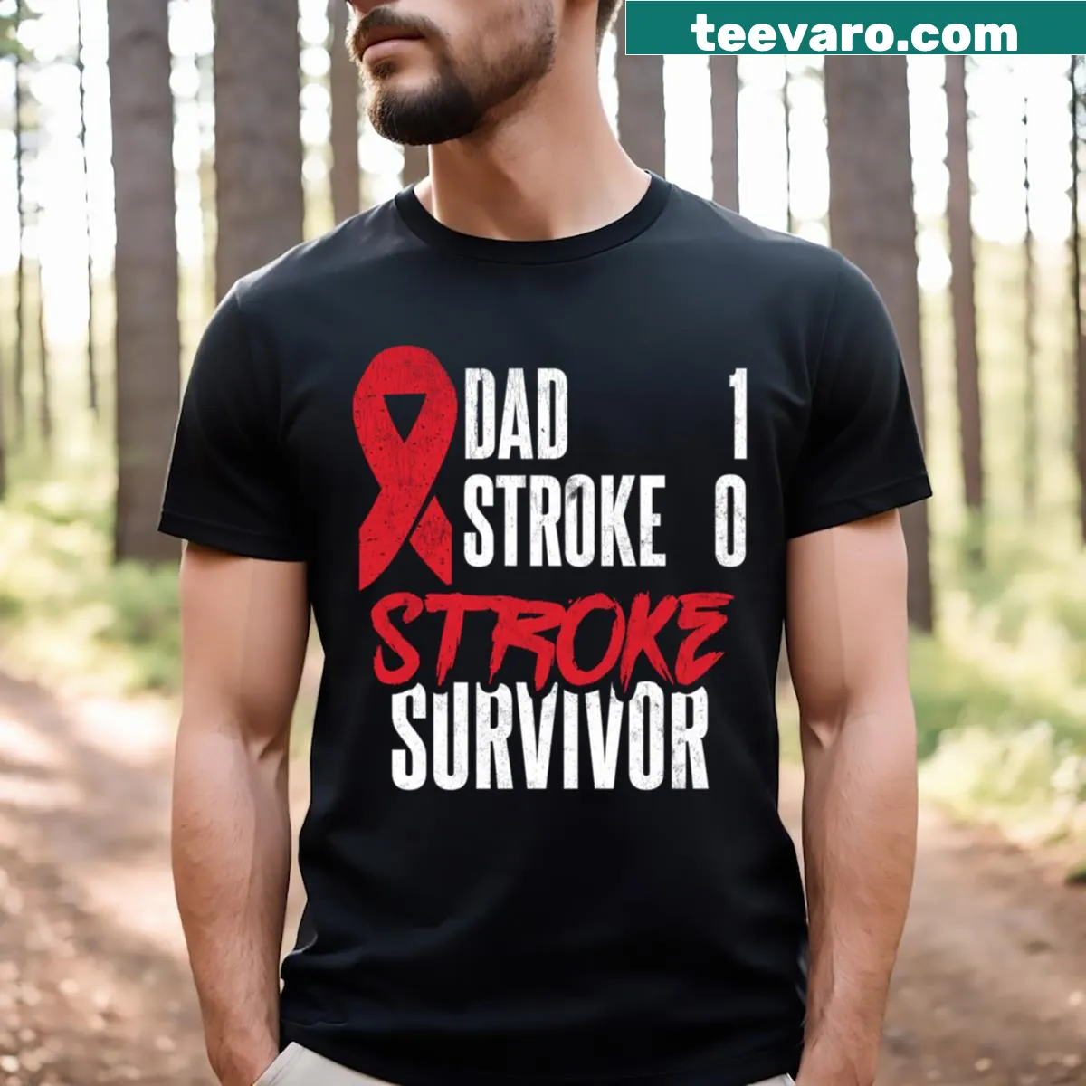 Vintage typography shirt reading 'Dad 1 Stroke 0' for stroke awareness — on a men's t-shirt
