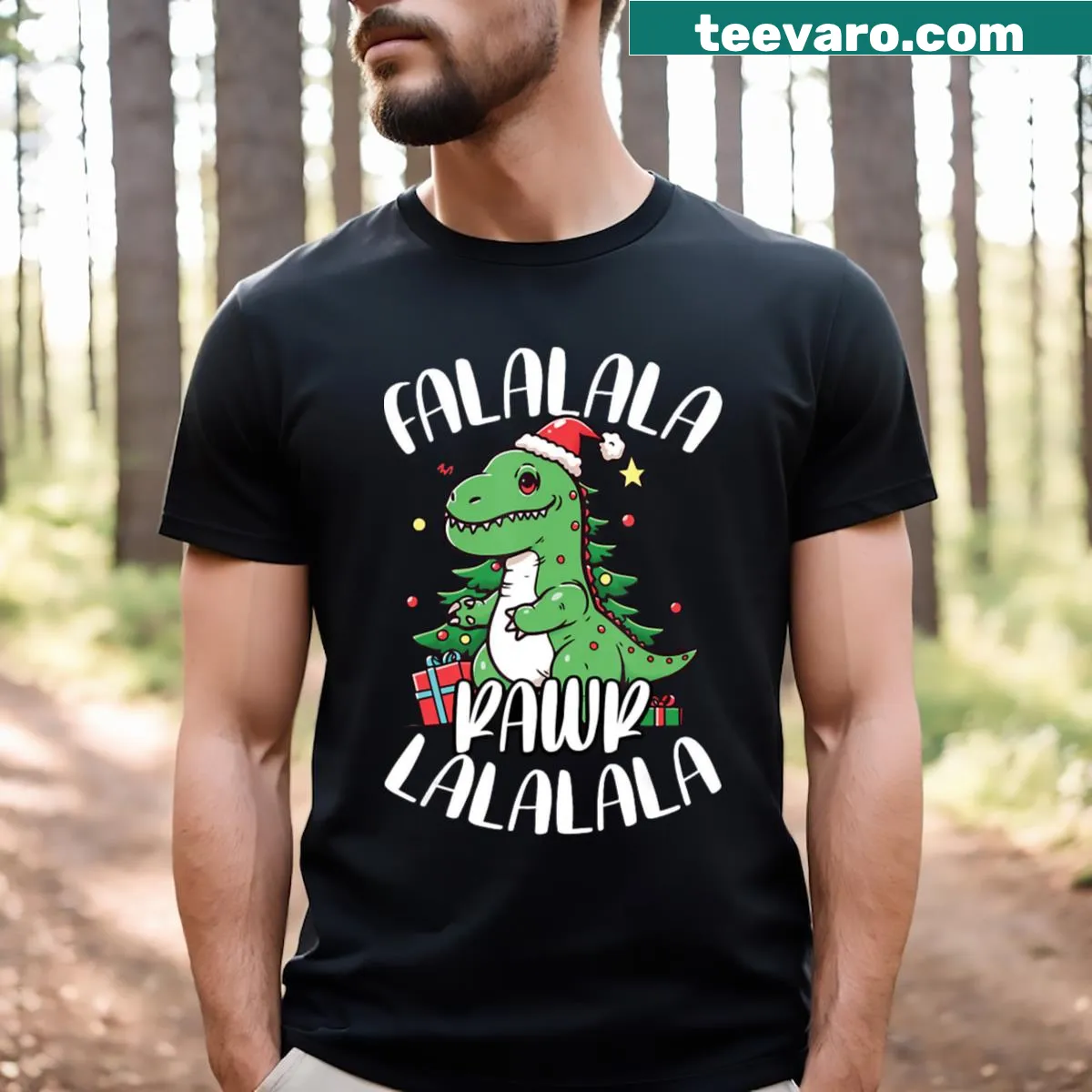 Dinosaur in Santa hat graphic on a holiday-themed T-shirt — on a men's t-shirt