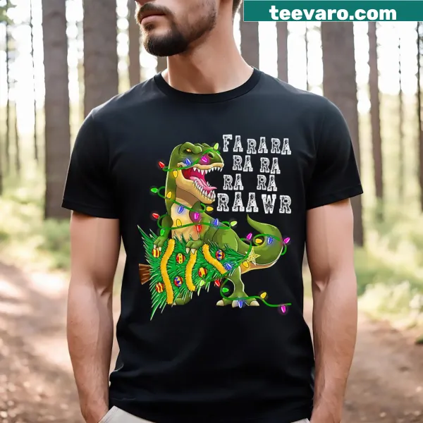 Cartoon dinosaur in Christmas attire with festive text on t-shirt