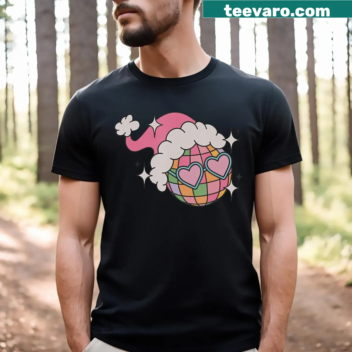 Whimsical disco ball with Santa hat for a festive holiday vibe — on a men's t-shirt