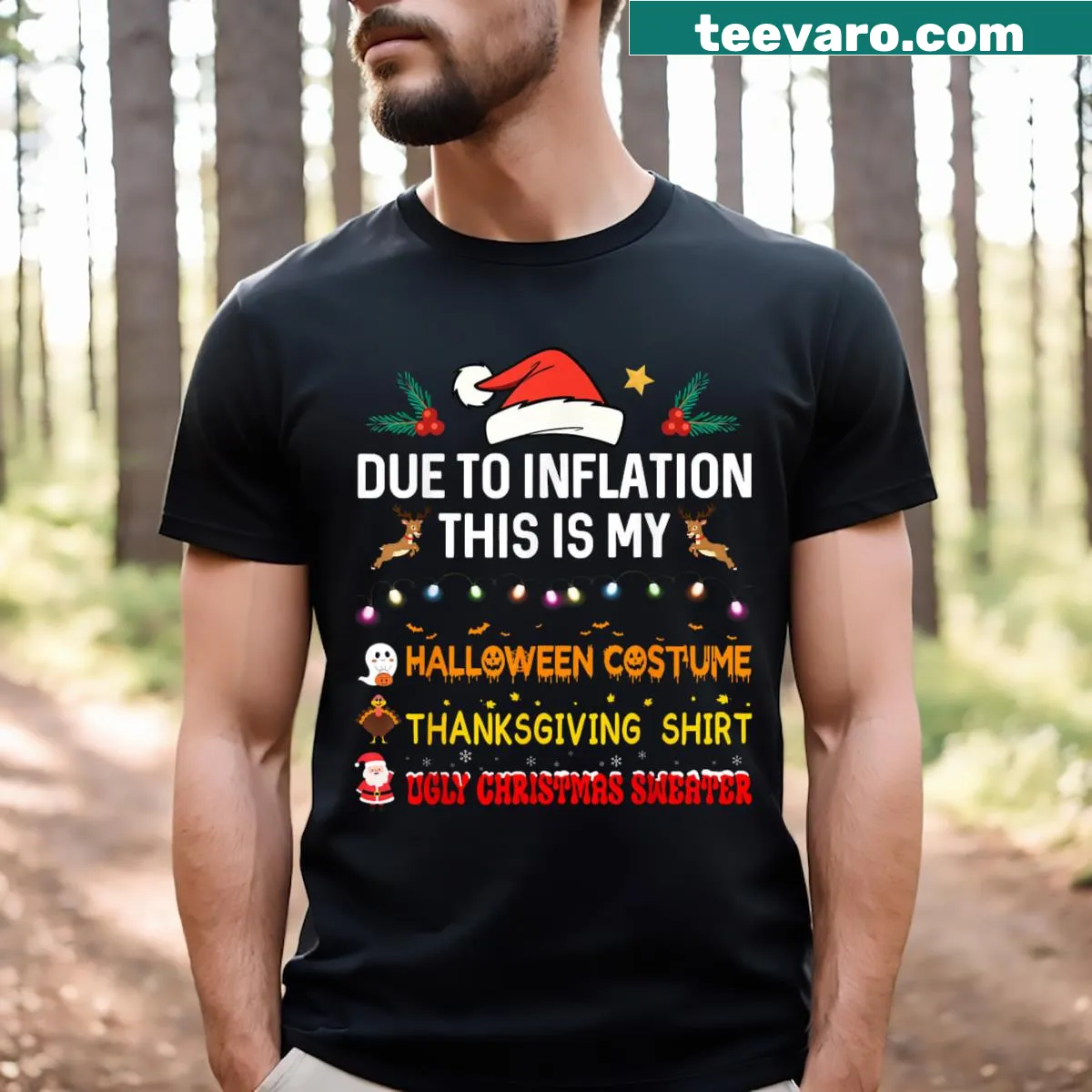 Humorous inflation-themed holiday shirt with bold text — on a men's t-shirt