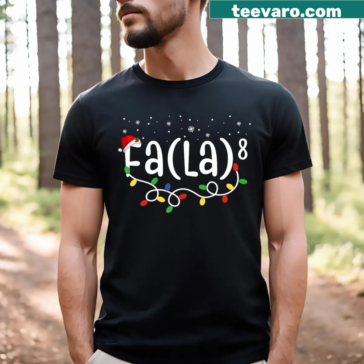 Festive math-themed T-shirt with Santa and 'Fa La8' text — on a men's t-shirt