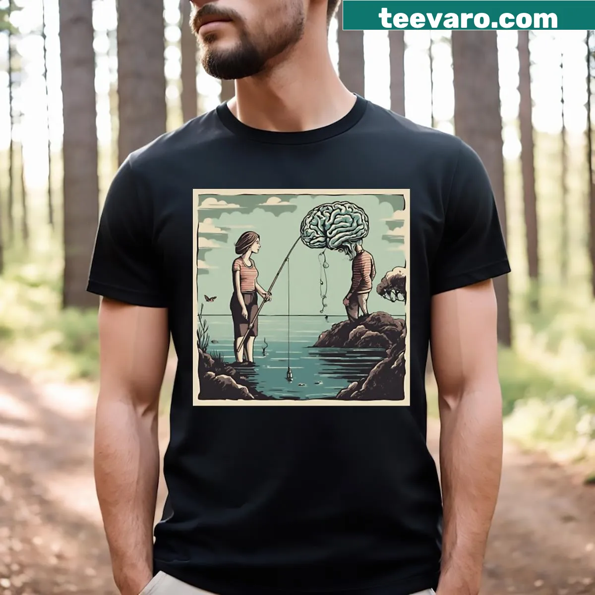 Cartoon fish graphic with the phrase Fishing In The Brain — on a men's t-shirt