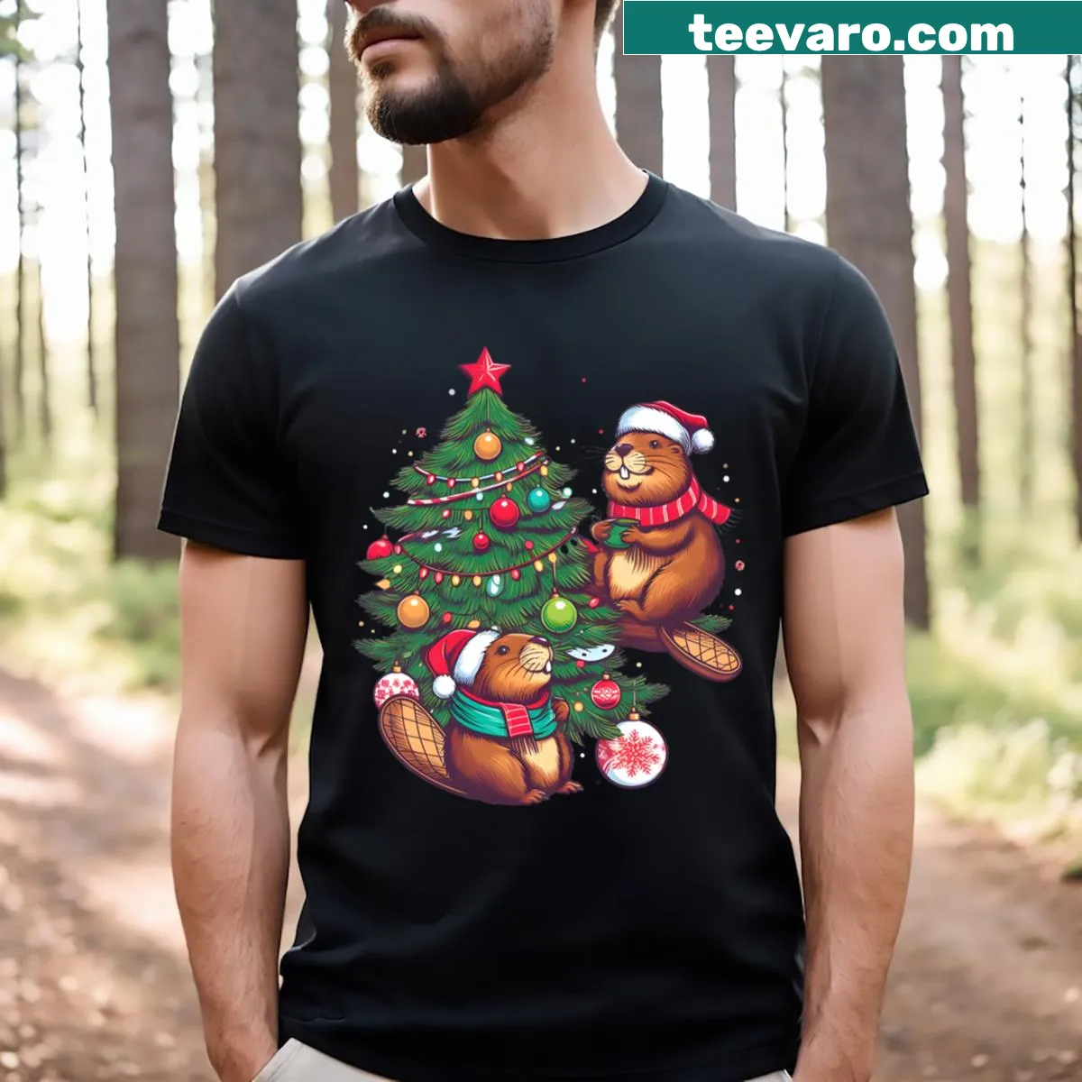 Funny cartoon beavers with a Christmas tree graphic — on a men's t-shirt