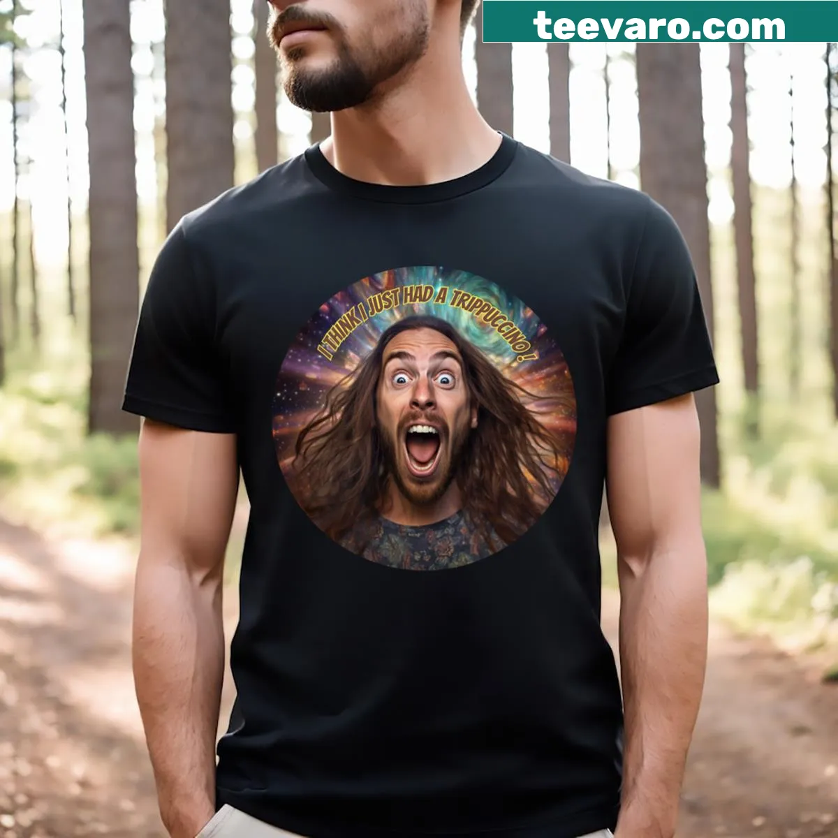 Cartoon screaming man graphic with Trippuccino text — on a men's t-shirt