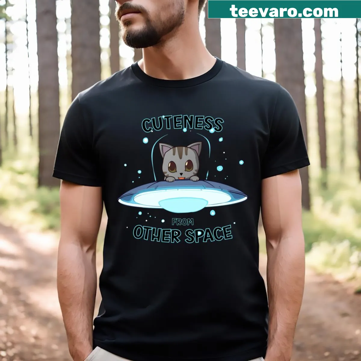 Whimsical grey cat floating in space illustration on a T-shirt — on a men's t-shirt