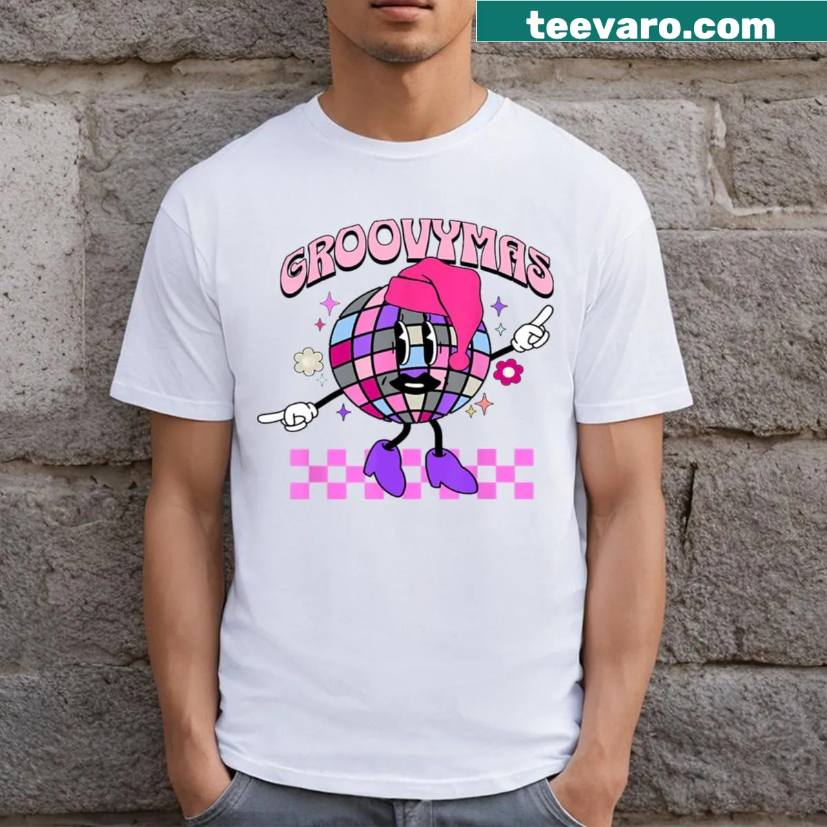 Disco ball with Santa hat graphic on a Christmas T-shirt — on a men's t-shirt