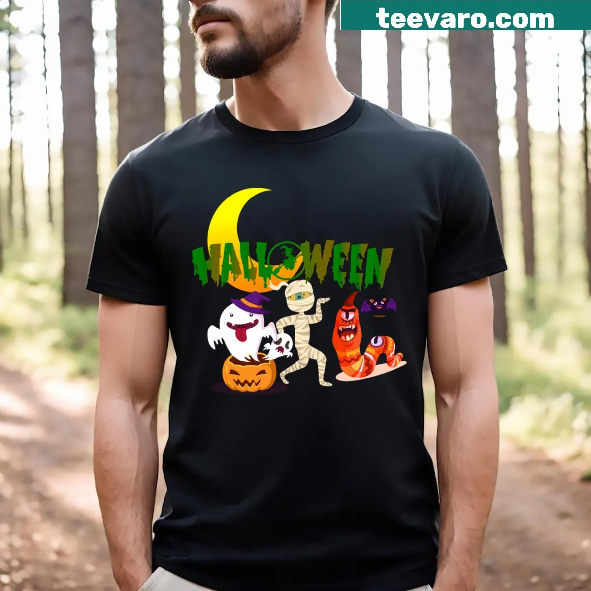 Halloween-themed T-shirt with pumpkins, bats, and ghosts — on a men's t-shirt