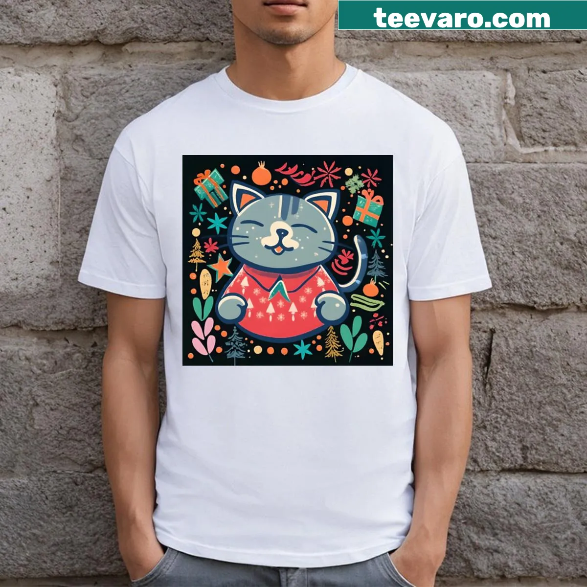 Festive cat design T-shirt for Christmas with holiday themes — on a men's t-shirt