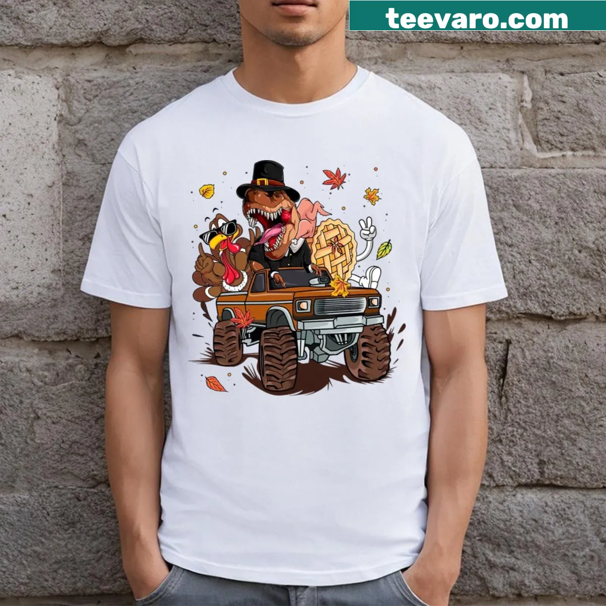 Funny turkey truck with dinosaur graphic on a Thanksgiving T-shirt — on a men's t-shirt