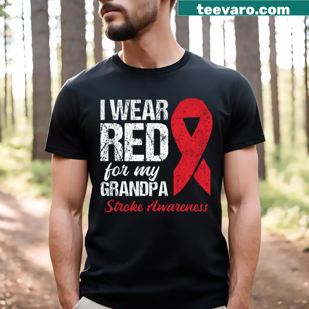 Sentimental t-shirt honoring stroke survivors with red awareness — on a men's t-shirt