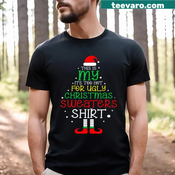 Humorous Christmas t-shirt with bold text about avoiding ugly sweaters