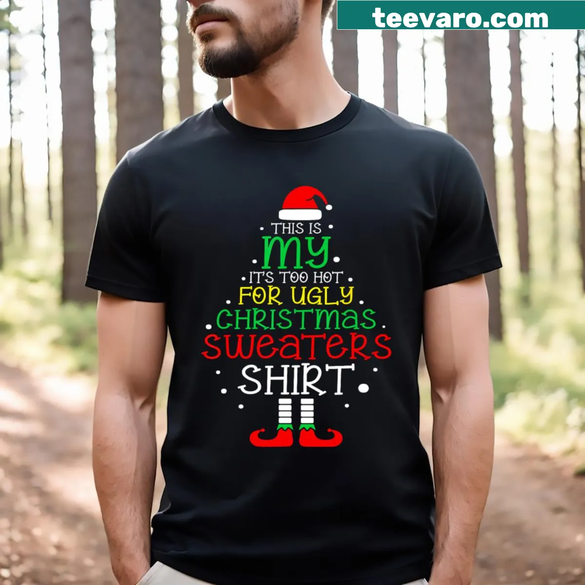 Humorous Christmas t-shirt with bold text about avoiding ugly sweaters — on a men's t-shirt